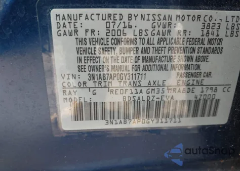 2016 Nissan Sentra Sv from USA, damaged, VIN 3N1AB7AP0GY311711